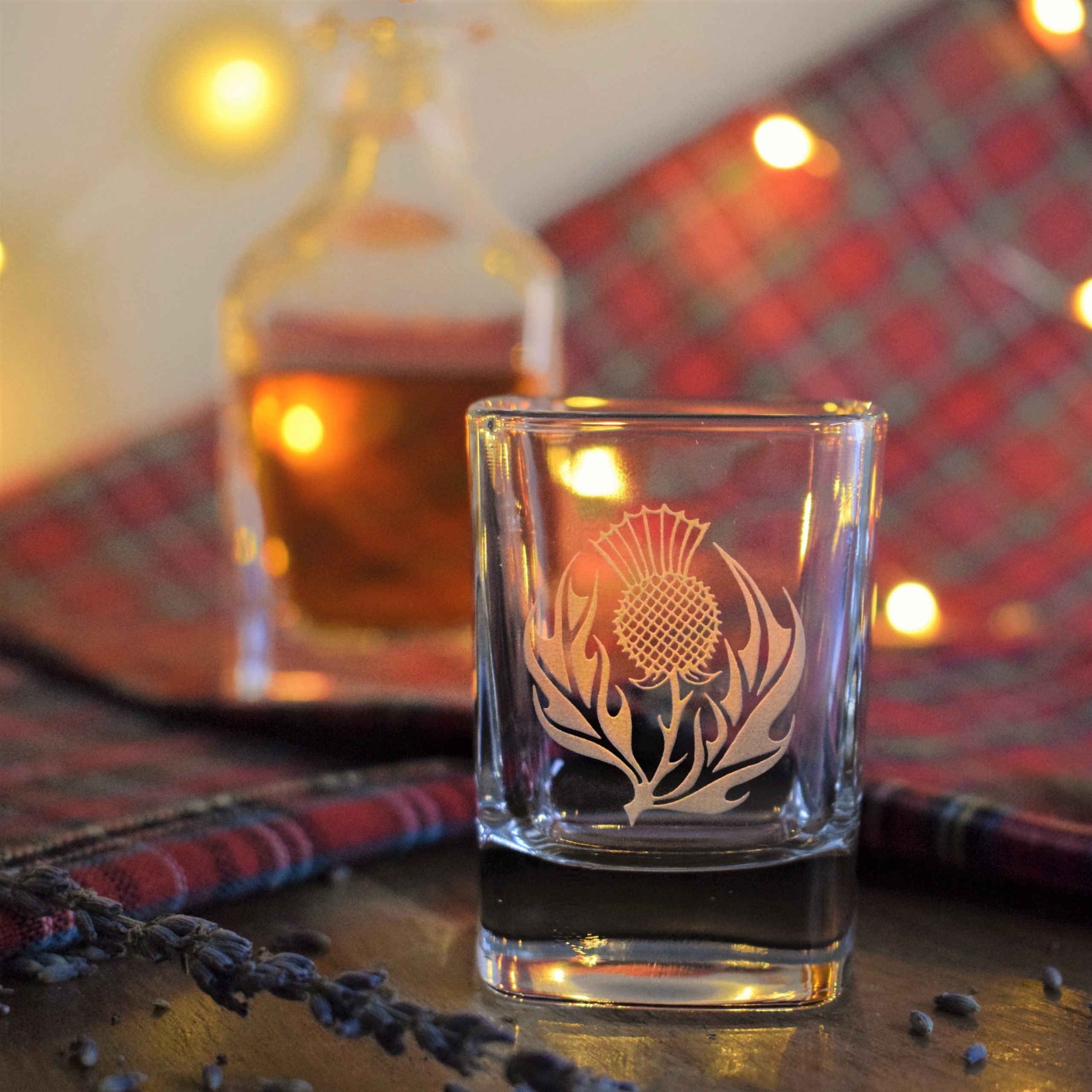 Square Dram Thistle with Nightcap decanter in background